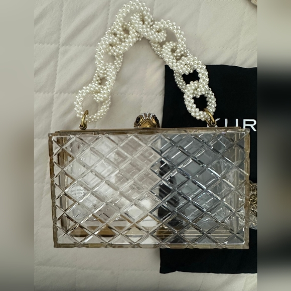 Kurt Geiger Clutch Bag Gold Clear Quilted Acrylic Pearl Handle - Picture 6 of 9